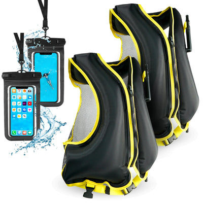 2 Inflatable Snorkel Vests for Adults with 2 Waterproof Phone Cases – Adjustable Snorkeling Vests – 68-220 lbs – Kayaking Swimming Paddle Boarding